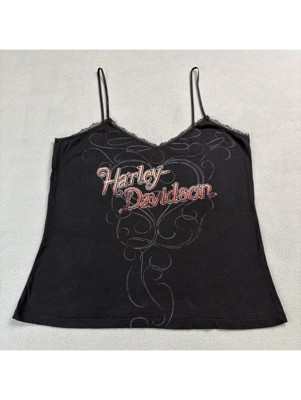Y2K Harley Davidson Cami Lace Trim Tank Top Size XL Black